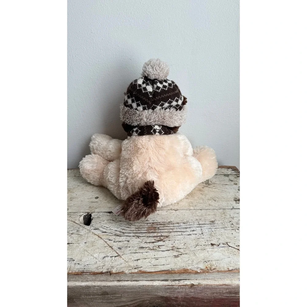 Hugfun International Winter Dog Plush Cream Brown Knit Hat Scarf Toy